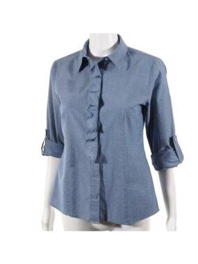 Talbots Womens Shirt Size 6 Petite Button Up Ruffled Front Roll Tab Fitted